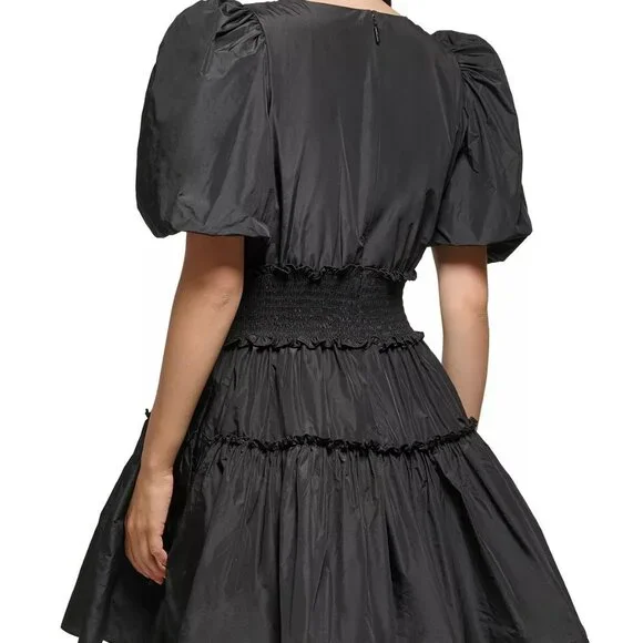 ☆☆SOLD☆☆ Karl Lagerfeld Paris Women's Puff-Sleeve Black Taffeta A-Line Dress - Picture 2 of 10